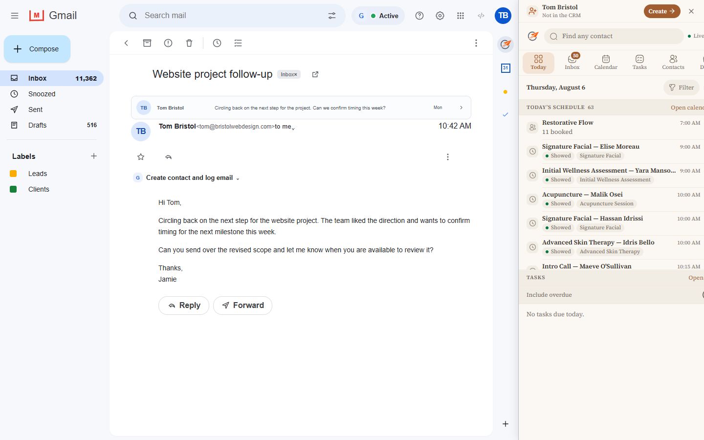 CRM Sidebar Today view showing appointments and open tasks beside Gmail