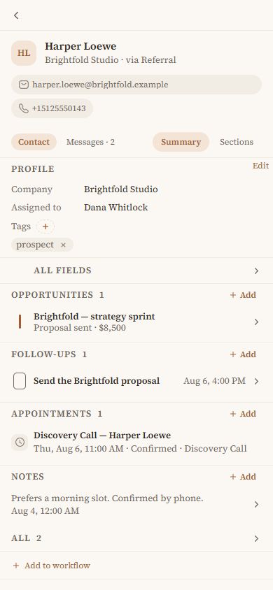 A narrow CRM Sidebar contact view showing contact details and configured sections