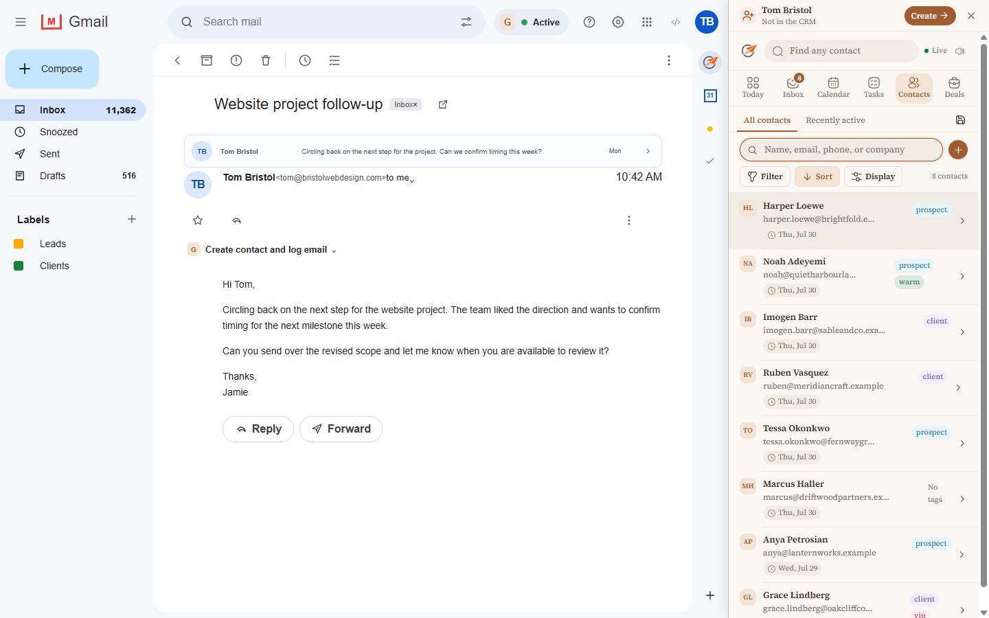 Gmail with a detailed CRM contact workspace open in the browser side panel