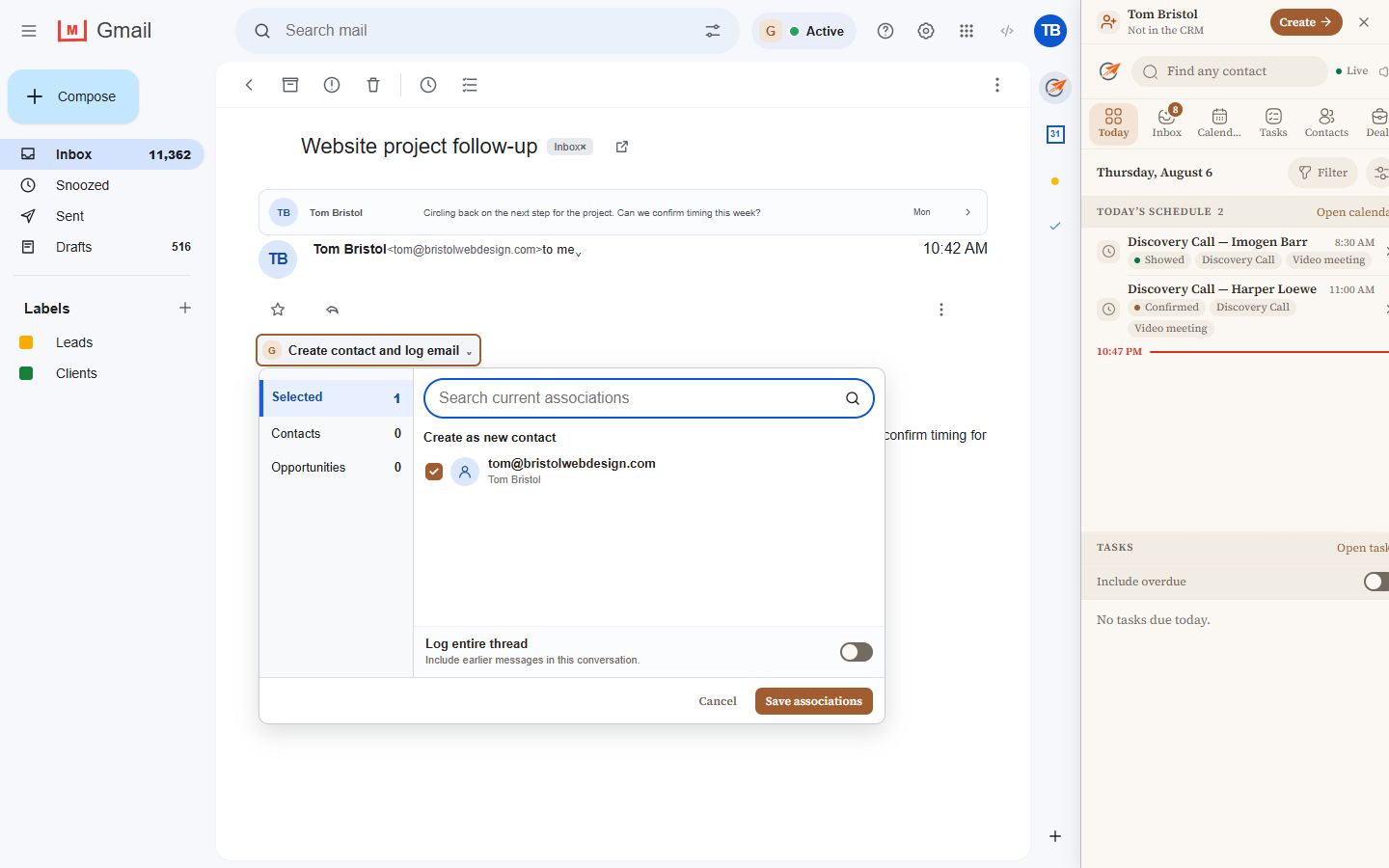 A Gmail message with the CRM logging chooser open for one message or the entire thread